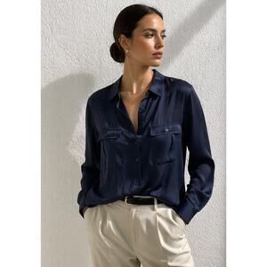 Giorgio Armani Silk Blouse Navy Button Front Italy Size 40